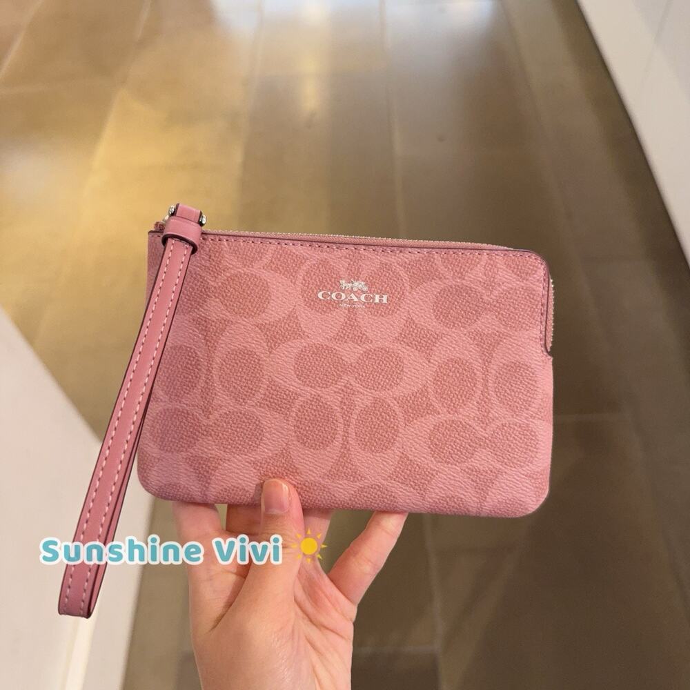 NWT Coach CAQ75 Corner Zip Wristlet In Signature Canvas In Silver /Dusty Pink